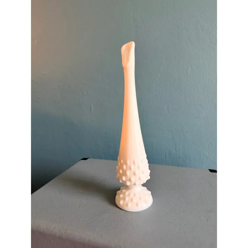 Vintage Fenton White Milk Glass Hobnail Swung Bud Vase MCM Pedestal 9.75